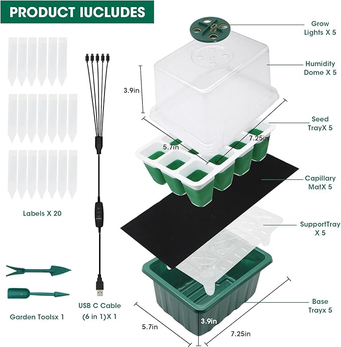 Seed Starter Tray with Grow Light,5 Pack 60 Cells Seedling Tray Kit Reusable & Dishwasher Safe for Starting Vegetable, Flower & Herb Seeds Indoor Grow Kit for Deep-Rooted Seedlings - Image 2