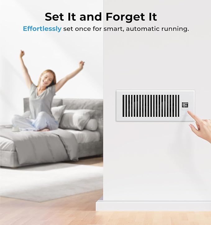 VELLEE Quiet Register Booster Fan Fits 4" x 12" (DUCT OPENING CUTOUT), 10-Speed Smart Heating Cooling AC Vent Booster Fan w/Remote Control & Thermostat Control (White) - Corded - Image 6