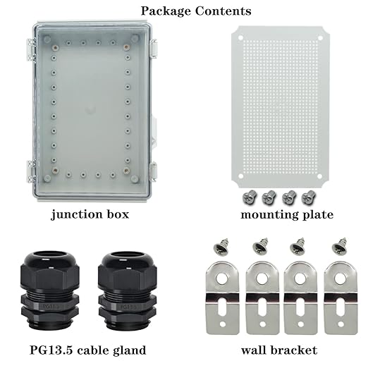 Zulkit Junction Box IP67 Waterproof Electrical Box Hinged Clear Cover Stainless Steel Latch Plastic Enclosure for Project w Mounting Plate Wall Bracket and 2 Cable Gland 11"x7.5"x5.5"/280x190x140mm - Image 6