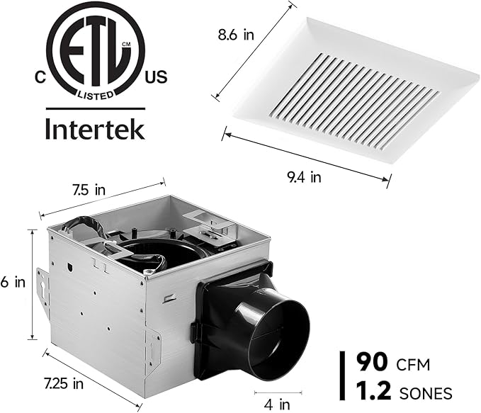 Tech Drive Bathroom Exhaust Fan 90 CFM, 1.2 Sone, 4-Inch Duct,No Attic Access Needed,Very Quiet Ventilation Fan, Easy to Install Ceiling Mounted, White, ETL Certified - Image 2