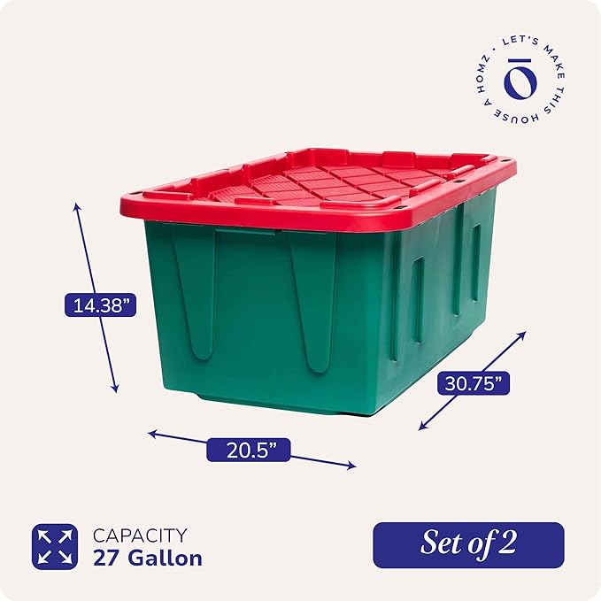 HOMZ 2-Pack Durabilt, Heavy Duty Plastic Storage Bins with Lids, 27 Gallon, Green/Red - Stackable Container Boxes for Holiday, Attic, and Garage Organization - Image 4