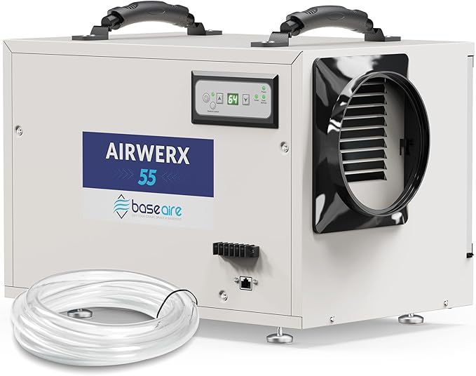 BaseAire Crawlspace Dehumidifier,113 Pints Commercial Dehumidifiers with Drain Hose for Whole House Basement, Industry, Compact, Auto Defrost, Memory Starting, Up to 1200 Sq Ft by BASEAIREDRYYOURCRAWLSPACEBASEMENT