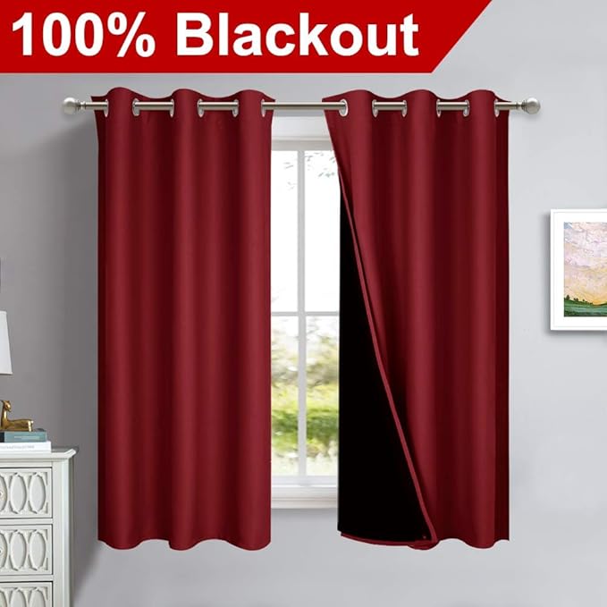 NICETOWN 100% Blackout Panels, Thermal Insulated Black Liner Curtains for Kitchen Room, Cold Blocking Drapes for Window Decoration (Set of 2, Burgundy Red, 42-inch Wide by 63-inch Long) - Image 2