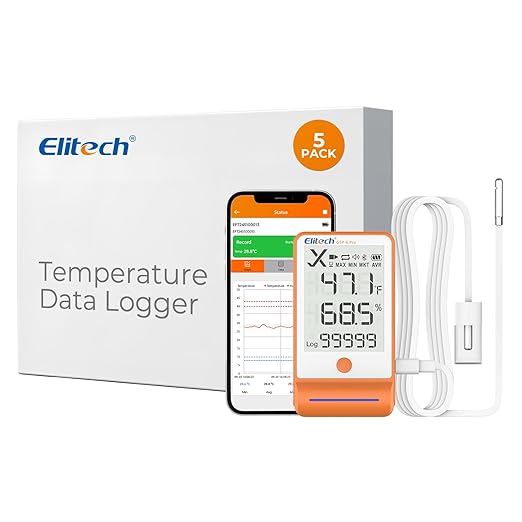 Elitech 5pack Bluetooth Thermometer Data Logger Temperature for Refrigerator with Shadow Data 100000 Points Export PDF/CSV Report, Pharmacy Vaccine DDL Calibration Certificate, MAX MIN AVR MKT GSP-6G by Elitech