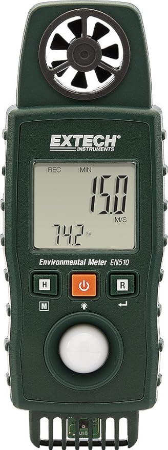 Extech EN510 10-in-1 Environmental Meter - Measures Air Velocity, Light, Sound, Temperature, Humidity, Dew Point, Wet Bulb, Heat Index, Wind Chill, Portable Multi-Function Tester with Backlit LCD by Extech