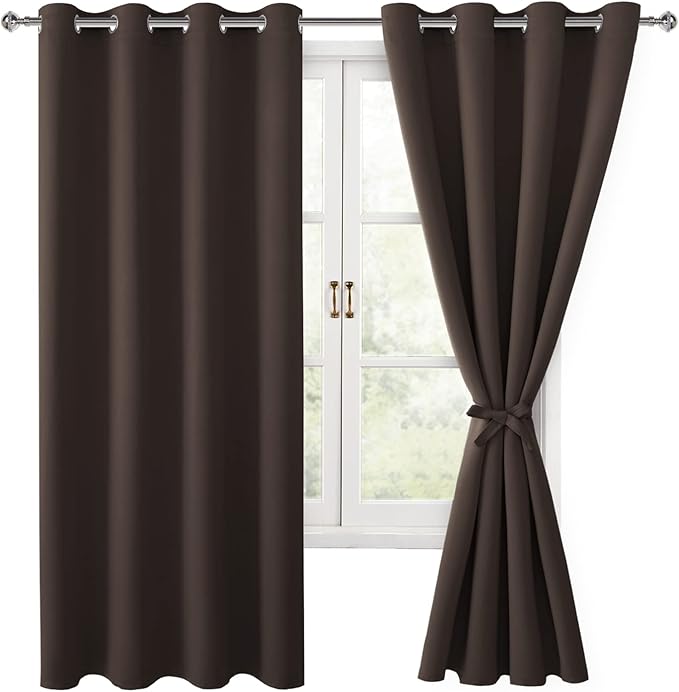 Hiasan Blackout Curtains for Bedroom, 52 x 63 Inches Length - Thermal Insulated & Light Blocking Window Curtains for Living Room, 2 Drape Panels Sewn with Tiebacks, Brown by Hiasan