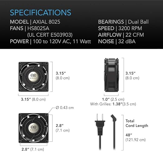 AC Infinity AXIAL 8025, Muffin Fan, 120V AC 80mm x 25mm High Speed, UL-Certified for DIY Cooling Ventilation Exhaust Projects - Image 6