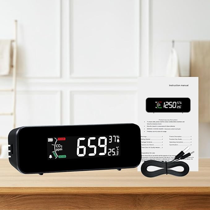 CO2 Monitor CO2 Meter Detector, Rechargeable Indoor Air Quality Monitor with CO2 Alarm, LCD Display, NDIR Sensor, Temp & Humidity Measurement, 3 Color Indicator for Indoor, Home, Office, School - Image 9