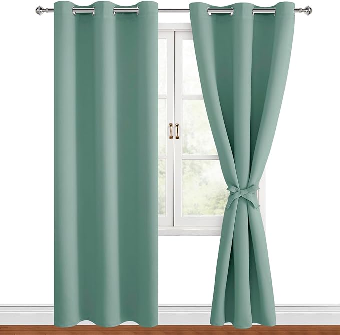 Hiasan Grommet Blackout Curtains for Bedroom, 42 x 84 Inches Long - Thermal Insulated & Light Blocking Window Curtains for Living Room, 2 Drape Panels Sewn with Tiebacks, Sage Green - Image 7