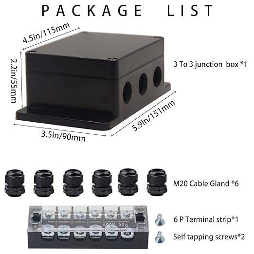 Watertight Junction Box, IP67 Waterproof Electrical Project Box with 6P 25A Barrier Terminals,3 in/3 Out Cable Glands Electronic Enclosure 4.53" x 3.54" x 2.17" - Image 7