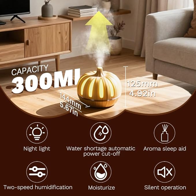 Essential Oil Diffuser 300ml for Home Bedroom, Aromatherapy Oil Diffuser with 3H 6H Timer, 7 Color Light, USB Type-C, Pumpkin Design, Auto Shut-Off(Light Woodgrain, Pumpkin) - Image 2
