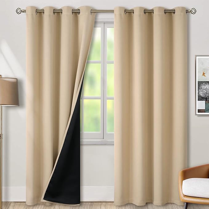 BGment Thermal Insulated 100% Blackout Curtains for Bedroom with Black Liner, Double Layer Full Room Darkening Noise Reducing Grommet Curtain (52 x 84 Inch, Beige, 2 Panels) by BGment