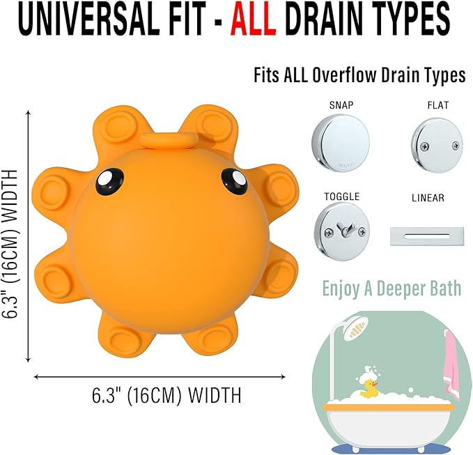Bathtub Overflow Drain Cover - Tub Soak Bath Cover, Adds Inches of Water for Deeper Bath (Silicone, Yellow) - Image 3
