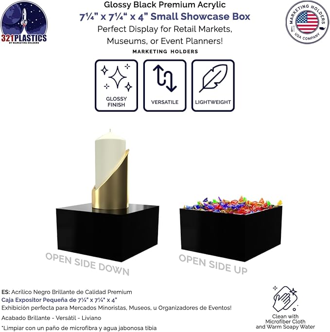 Acrylic Display Box Versatile 5 Sided Pedestal No Lid 7.25" x 7.25" x 4" Inch Black Merchandise Storage Bin Retail Product Riser One Open Side by Marketing Holders - Image 2