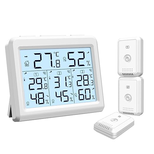KeeKit Indoor Outdoor Thermometer, Digital Hygrometer Meter Gauge with 3 Wireless Sensors, Temperature Humidity Monitor with LCD Backlight, Min/Max Record for Home, Office, Restaurants, Bars, Café by KeeKit