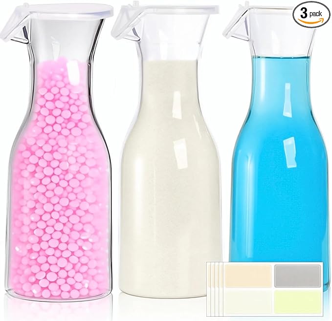 3 Pack Laundry Detergent Dispenser with 5 Labels, 40 OZ Plastic Fabric Softener Bottle, Reusable Detergent Container, Laundry Room Organizer for Liquid Soap Powder Bleach Scent Booster Beads by YIMITEE