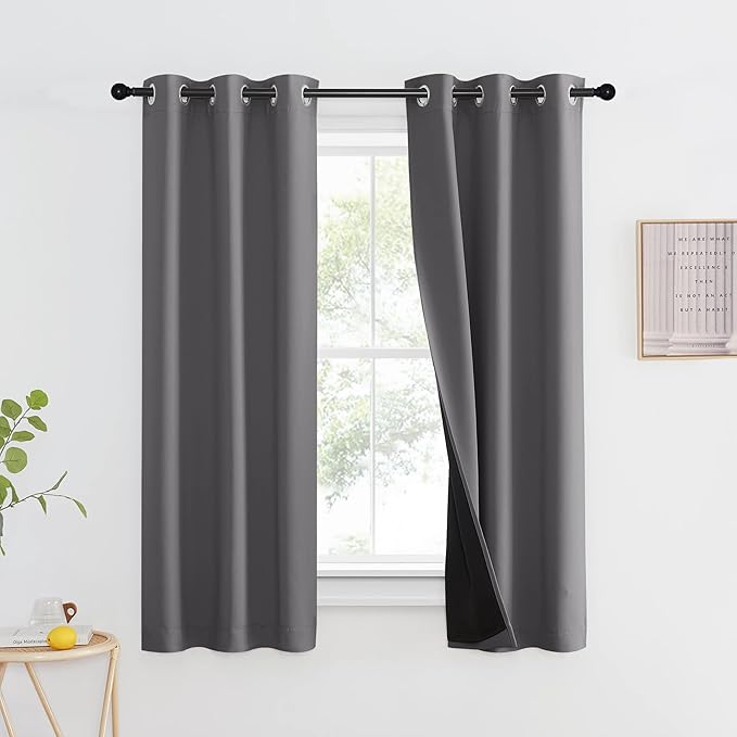 NICETOWN 100% Blackout Short Curtain with Black Liner, Thermal Insulated Full Blackout 2-Layer Lined Drape, Energy Efficiency Window Drapery for Bedroom (Grey, 1 Panel, 37-inch W by 63-inch L) by NICETOWN