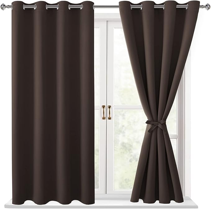 Hiasan Blackout Curtains for Bedroom, 52 x 54 Inches Long - Thermal Insulated & Light Blocking Window Curtains for Living Room, 2 Drape Panels Sewn with Tiebacks, Brown by Hiasan