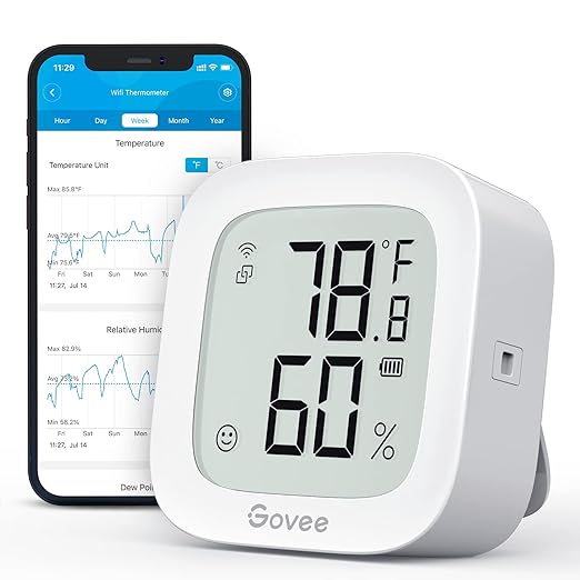 Govee WiFi Thermometer Hygrometer H5103, Indoor Bluetooth Temperature Humidity Sensor with Electronic Ink Display, App Notification Alert, Free Data Storage Export, Digital Remote Monitor for Bedroom by Govee