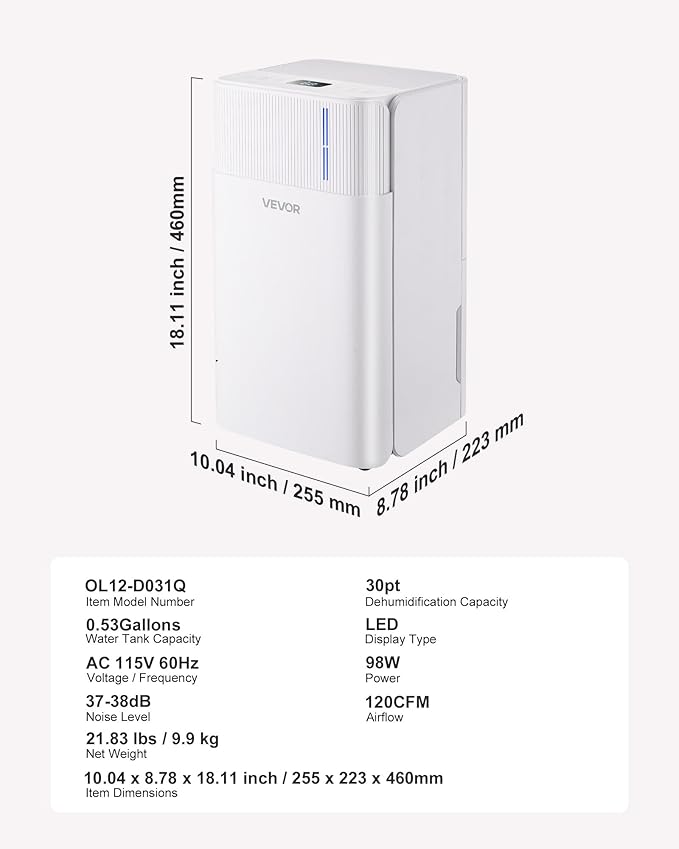VEVOR 30 Pints Dehumidifier for Home & Basement, 1500 Sq.Ft Large CoverageDrain Hose for Commercial & Industrial Use, Smart Humidity Control, Low Noise for Large Rooms, Warehouses, Bedrooms & Storage - Image 7