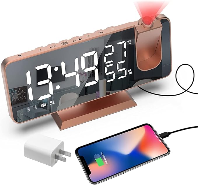 Projection Digital Alarm Clock for Bedrooms, Alarm Clock Radio on Ceiling, USB Charger Port, Temperature & Humidity Display, 7.3” Large Mirror LED Display,12/24H,Snooze,Dual Loud Clock- 4 Dimmer by Hanaix