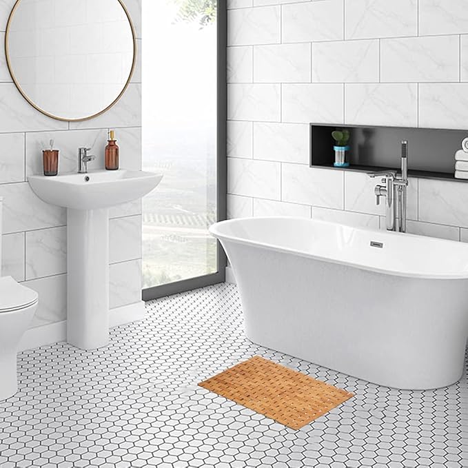 Bamboo Bath Mat Bathroom Rugs Floor Wood Shower Bathtub Waterproof Non Slip Accessories 16x24 Inch Easy to Clean, Natural, 1 pc - Image 2