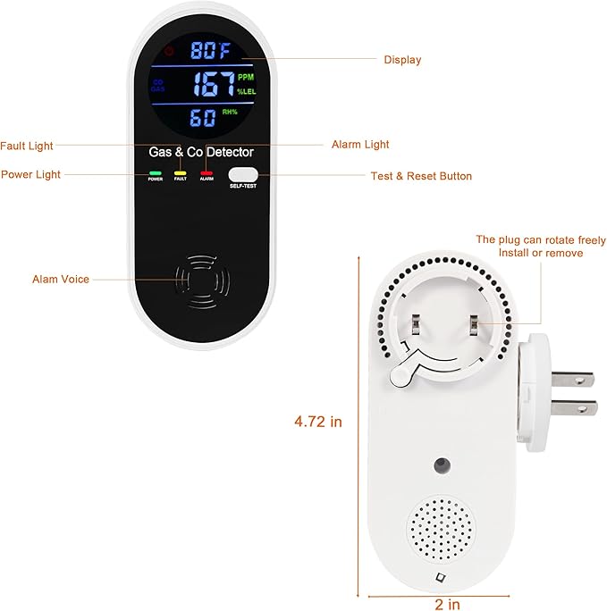 2 Packs Combination Natural-Gas and Carbon-Monoxide-Detector,Koabbit 4-in-1 CO/LPG/LNG Explosive Gas Detector Alarm with Temperature(°F) & Humidity for Home,RV,Hotel,Apartment - Image 2