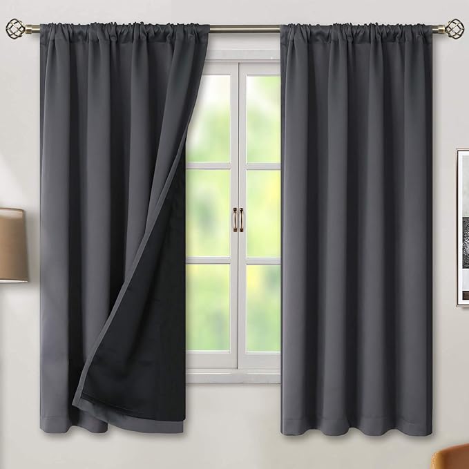 BGment Dark Grey 100% Blackout Curtains for Bedroom - Thermal Insulated Soundproof Light Blocking Dark Black Out Curtains 63 Inch Long, 2 Panels, Each 52 Inch Wide by BGment