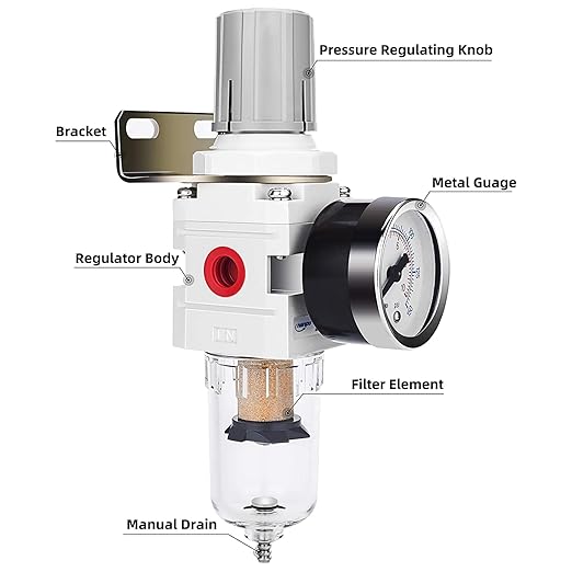 NANPU 1/4" NPT Compressed Air Filter Regulator Combo Piggyback, 5 Micron Brass Element, Poly Bowl, Semi-Auto Drain, Metal Bracket, 0-150 psi Gauge, Ball Valve - Image 4
