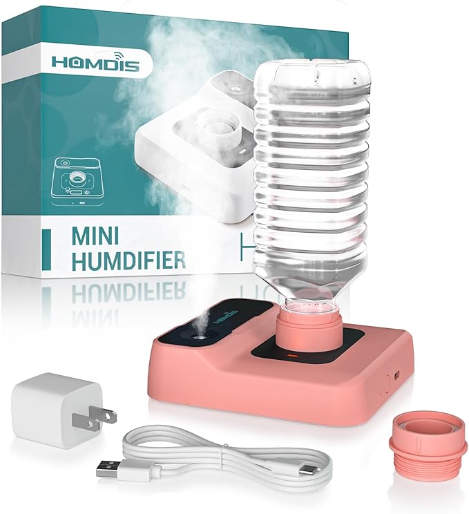 Portable Humidifier - Small Air Humidifiers for Bedroom, Plants, Office, Travel - Cool Mist Humidifiers, Color-Changing Accent Light, 2 Mist Settings, RosePink by HOMDIS