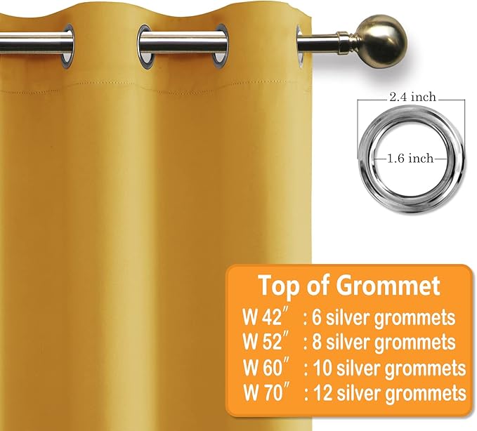 Hiasan Grommet Blackout Curtains for Bedroom, 70 x 63 Inches - Thermal Insulated & Light Blocking Window Drapes for Living Room/Dorm Room, Set of 2 Panels Sewn with Tiebacks, Mustard Yellow - Image 6