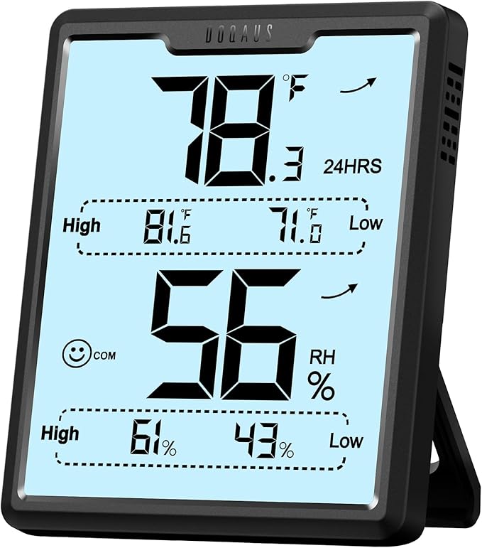 DOQAUS Digital Hygrometer Room Thermometer Indoor, Humidity Meter with Large LCD Display, Backlight Temperature Humidity Monitor with Max Min Records, Black by DOQAUS