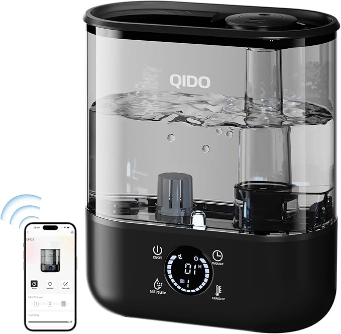 QIDO Top Fill Humidifiers for Bedroom, 5 L Cool Mist 36H Super Long Time, Quiet 28dB Essential Oil Diffuser for Baby & Plants, 3 Adjustable Mist with Touch/APP/7-color Nightlight, Auto Shut-off, Black by Unknown