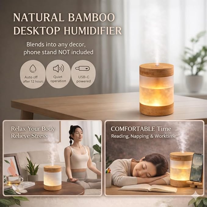 Bamboo Ultrasonic Mini Humidifier, 400ml Quiet Desktop Humidifier with Dual LED Night Light, USB-C Powered, Auto Shut-Off, Portable Small Room Air Moisturizer for Bedroom, Desk, Office & Travel - Image 3