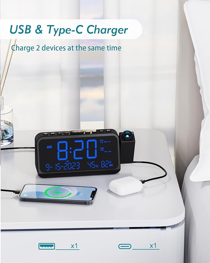 Roxicosly Projection Alarm Clock for Bedroom Ceiling, 118 dB Super Loud for Heavy Sleepers, 6.7" Large Digital Dimmable Display with Day Date Indoor Temp Humidity, Dual Alarms Adjustable Volume - Image 8