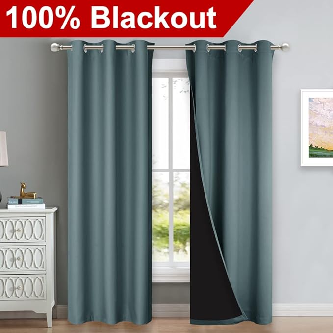 NICETOWN Greyish Blue Blackout Curtains 80 inches Long, Full Light Blocking Drapes with Black Liner for Nursery, Thermal Insulated Draperies for Hall, Villa (2 Pieces, 42" Wide Each Panel) - Image 2