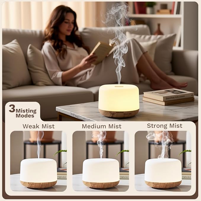500ml Premium Essential Oil Diffuser,Quiet 4-in-1 Ultrasonic Aromatherapy Humidifier,7 Color LED Lights,with Adjustable Automatic Timer Off Function and Spray Mode. (Light Woodgrain,Classic Model) - Image 5