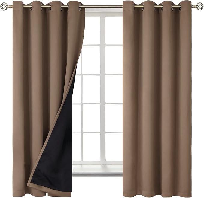 BGment Total Thermal Insulated 100% Blackout Curtains for Bedroom with Black Liner, Double Layer Full Room Darkening Noise Reducing Grommet Curtain (52 x 63 Inch, Taupe, 2 Panels) - Image 8