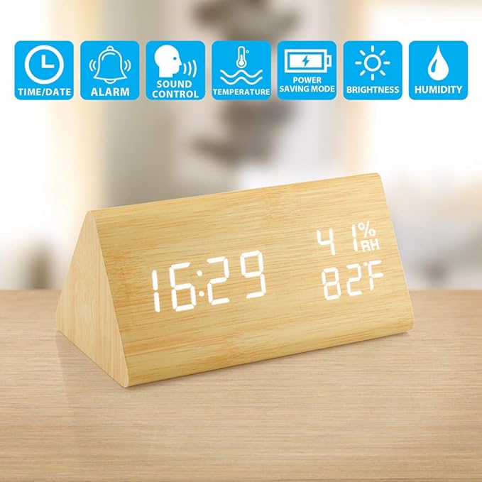 OCT17 Wooden Alarm Clock, Wood Alarm Clock Smart LED Digital Clock for Bedroom/desks, Upgraded with Time Temperature, Adjustable Brightness and Voice Control, Humidity Displaying - Bamboo - Image 3