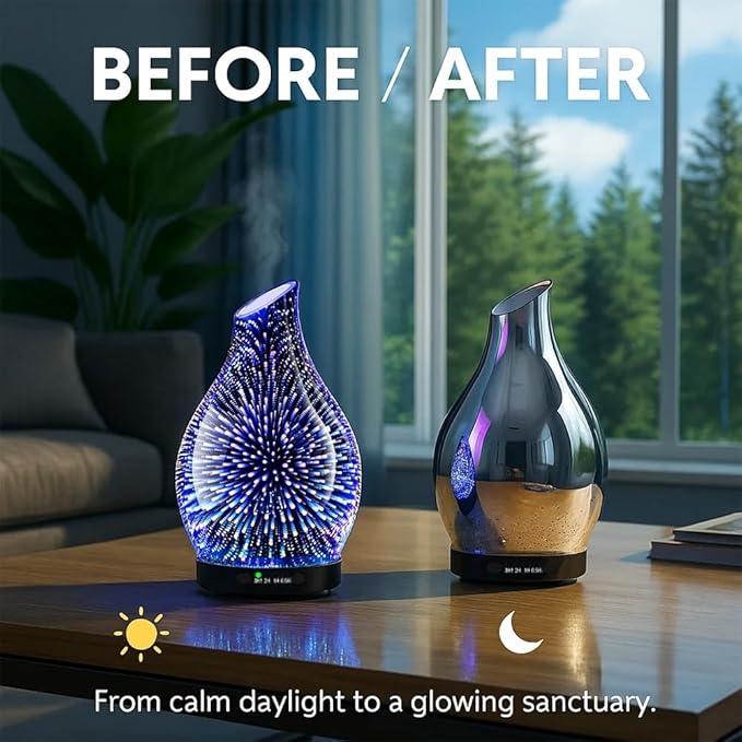 120ML Essential Oil Diffuser, 3D Glass Aromatherapy Diffuser with Auto Shut-Off and 7 Color LED Lights, Ultrasonic Mist Humidifier with 4 Timer for Home Office Bedroom (3D Fireworks) - Image 4