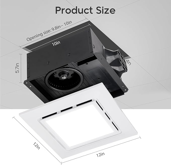 12" Bathroom Exhaust Fan with Light Ultra Quiet Ventilation Fan Combo 1.0 Sone 145CFM 10"x10" Mount (metal) - Image 2