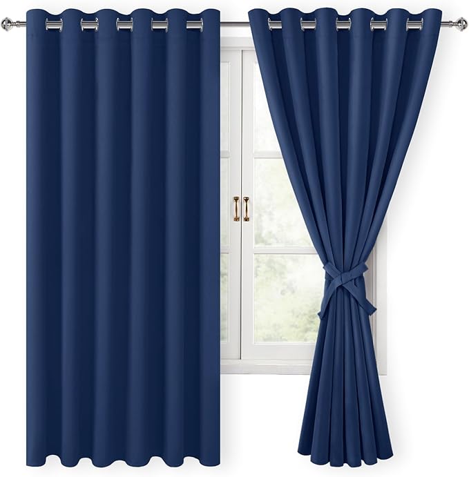 Hiasan Room Darkening Curtains for Bedroom, 70 x 63 Inches - Thermal Insulated & Energy Saving Window Drapes for Living Room/Dorm Room, Set of 2 Panels Sewn with Tiebacks, Navy by Hiasan