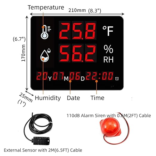 Large Display Thermometer Big Temperature Warning Light – Max Min to Monitor High and Low Temperature Humidity Sensor Alarm Alert, Thermometer Hygrometer Warning with Time & Date - Image 2