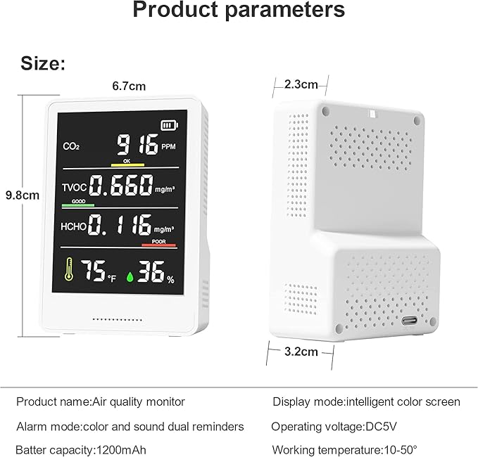5-in-1 Professional Indoor Air Quality Monitor Indoor Portable CO2 Monitor | Temperature | Formaldehyde Detector | Humidity TVOC | Air Quality Tester - Confined Space Clean Air Monitor (White) - Image 7