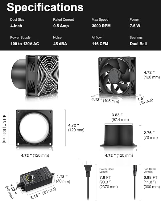 GDSTIME 120mm x 38mm 12V DC Axial Fan with 4 Inch Duct Flange Variable Speed Controller, 110V 120V AC Powered, Small Air Exhaust Fume Smoke Extractor Kit for Soldering, 3D Printer Enclosure - Image 6