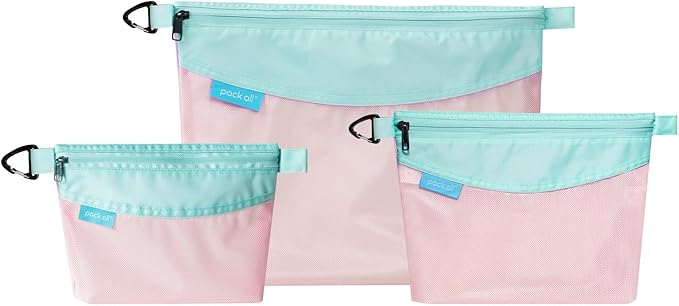 pack all 3 Pcs Water-resistant Material Zipper Pouch Set, Mesh Zipper Bags for Storage, Travel, Office (Pink) by packall