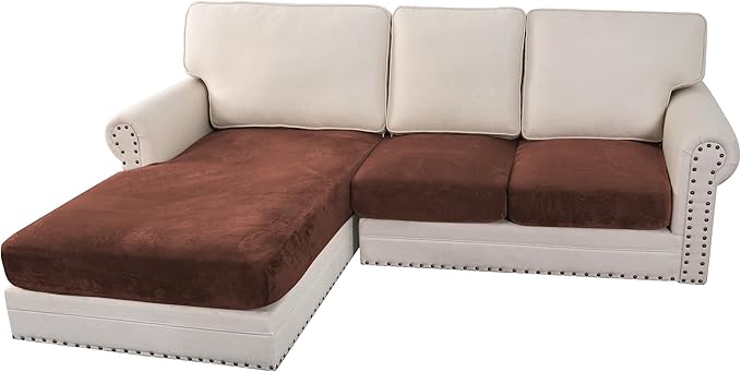 H.VERSAILTEX Velvet Stretch Sectional Couch Covers 3 Pieces Sofa Seat Cushion Covers L Shape Separate Couch Cover for Both Left/Right Sectional Couch (Large Sofa 2 Seater + 1 Chaise, Burnt Brick) by HVERSAILTEX