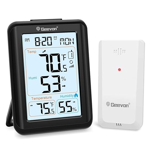 Geevon Indoor Outdoor Thermometer for Seniors – Digital Temperature & Humidity Monitor with Alarm Clock, 3.8" Large Display, Backlight, 3 Channels, Battery Operated for Home, Bedroom, Greenhouse by GEEVON