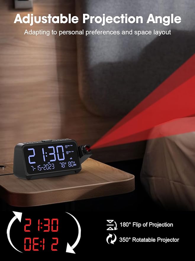 ROCAM Projection Alarm Clock, Digital Clock with 180° Projector on Ceiling Wall, Dual Loud Alarm Clocks for bedrooms with Weekday/Weekend Mode,2 USB Ports, Dimmer, Temp, Humidity, Night Light, Snooze - Image 4