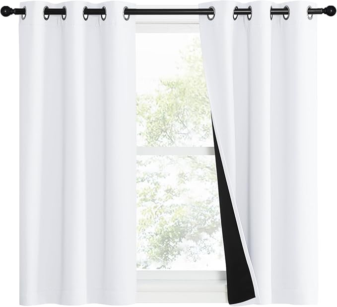 NICETOWN Pure White 100% Blackout Lined Curtains, 1 Pair, 37" Width x 50" Length Each Panel, 2 Thick Layers Narrow Wide Window Treatment Panels Thermal Insulated Drapes for Kitchen Small Window by NICETOWN